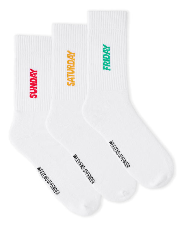 Friday/Saturday/Sunday Sports Socks White (3 PAIR PACK)